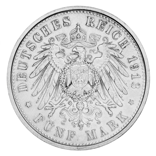 Сребърна монета от 5 марки на Вилхелм II (1913-1914) на Германската империя (2)