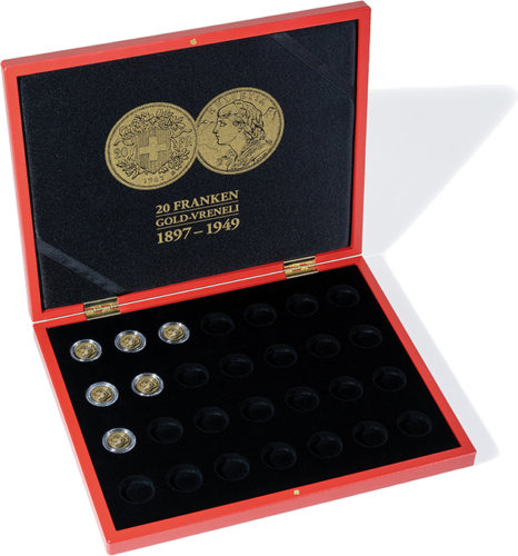 Box  for 28 pcs. x 20 francs Swiss Helvetia (Vreneli) gold coins in capsules (2)