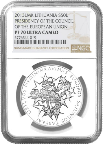 2013 Pirmininkavimas ES Tarybai Lietuva 50 litų sidabrinė moneta PF 70 ULTRA CAMEO (1)