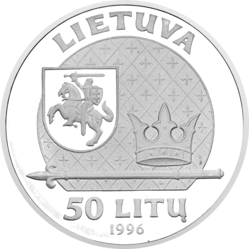 1996 Lietuva Mindaugas Lietuvos Karalius 50 Litų sidabrinė moneta PF 69 ULTRA CAMEO (3)