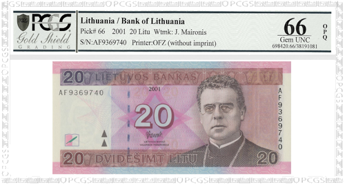 2001 Литва 20 литов банкнота PCGS GEM UNC 66 (1)