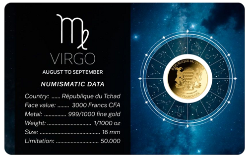 1/1000 oz Virgo (Zodiac Series) 3000 Francs Chad gold coin (2)