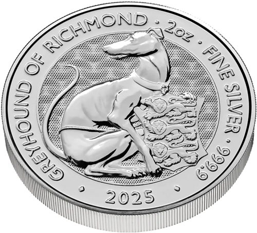 2025 Великобритания Королевские Тюдорские Звери: Ричмондская гончая 2 oz серебряная монета (4)