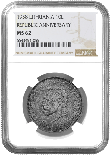 1938. gada Lietuva Prezidents Antans Smetona 10 litų sudraba monēta  NGC MS 62 (1)