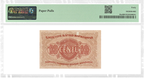 1922 Lietuva 10 centu banknote PMG EF 40 (2)