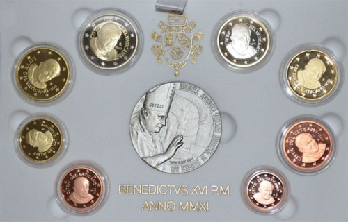 2011 Ватикан Бенедикт XVI Набор монет евро PROOF с серебряной медалью (2)