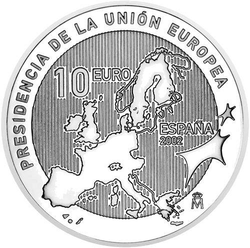 2002 Pirmininkavimas ES Ispanija 10 eurų sidabrinė moneta (1)
