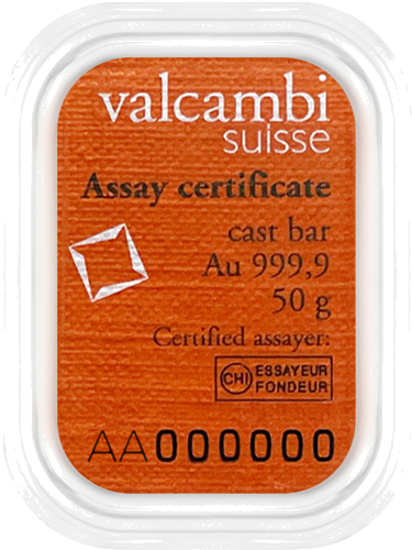 50 г Инвестиционно златно кюлчо в опаковка Valcambi (2)