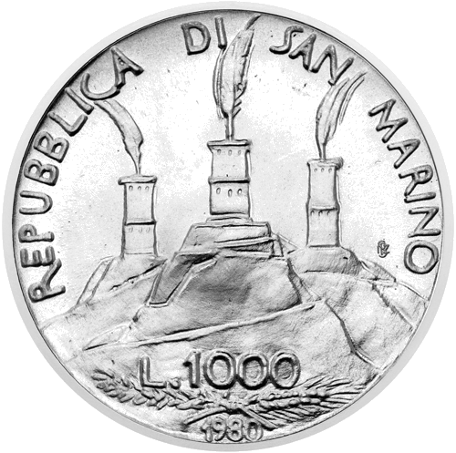 1000 лир Святой Бенедикт 1980 Сан-Марино серебряная монета (2)