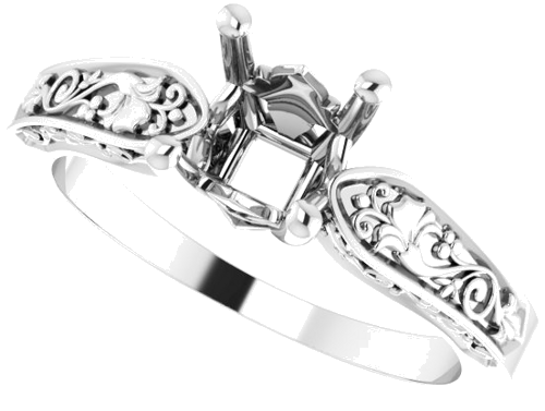 14K White 5.5 mm Asscher Floral Solitaire Engagement Ring Mounting (5)