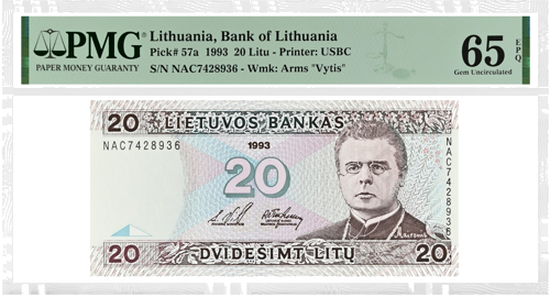 1993 Lietuva 20 Litų banknotas PMG 65 EPQ (1)