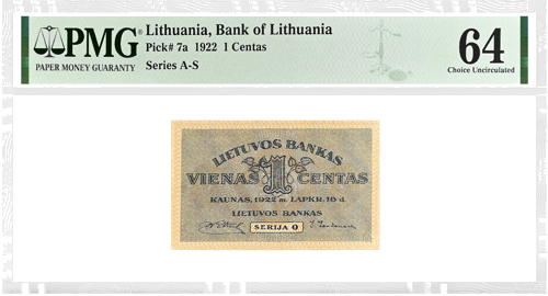 1922 Lietuva 1 Centas banknotas PMG UNC 64 (1)