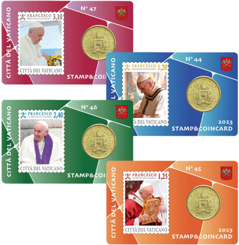 2023 Vatikanas Pranciškaus Herbas 50 centų moneta BU kortelėje su pašto ženklu (1)
