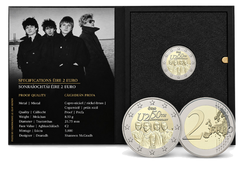 2026 Airija U2 grupės 50-metis 2 eurų Proof moneta kortelėje (2)