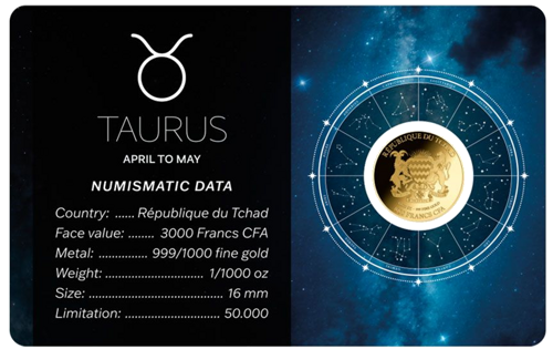 1/1000 oz Телец (Zodiac Series) 3000 франка Чад златна монета (2)