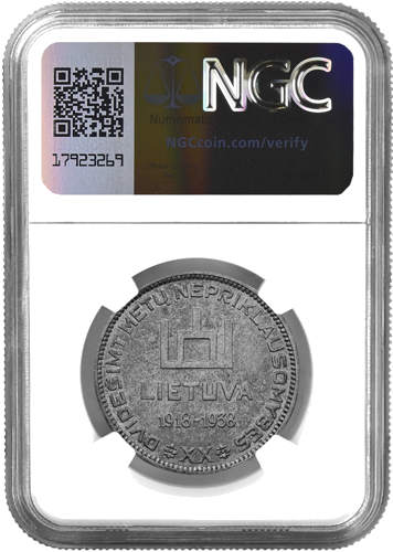 1938 Lietuva Prezidentas Antanas Smetona 10 litų sidabrinė moneta NGC MS 62 (2)
