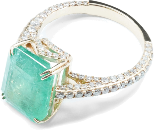 Rozā zelta gredzens ar inkrustētu smaragdu un rozā dimantiem (1)