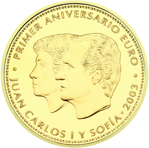 2003 Euro jubiliejus Ispanija 200 eurų auksinė moneta (2)