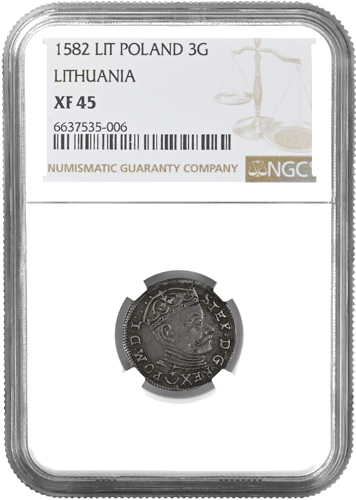 3 skaisti 1582. gada Lietuvas sidabru monēta XF 45 (sertificēta ar NGC) (1)
