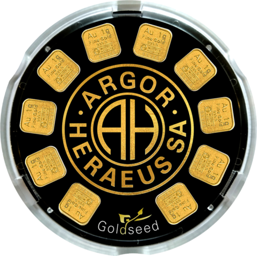 10 x 1 g Gold Seed (Multidisc) Investīciju zelta stieņi Argor-Heraeus (1)