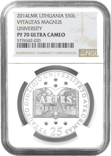 2014 VDU Universiteto atkūrimas Lietuva 50 litų sidabrinė moneta PF 70 ULTRA CAMEO (1)