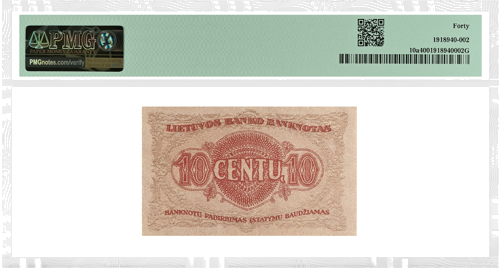1922 Lietuva 10 centų banknotas PMG EF 40 (2)