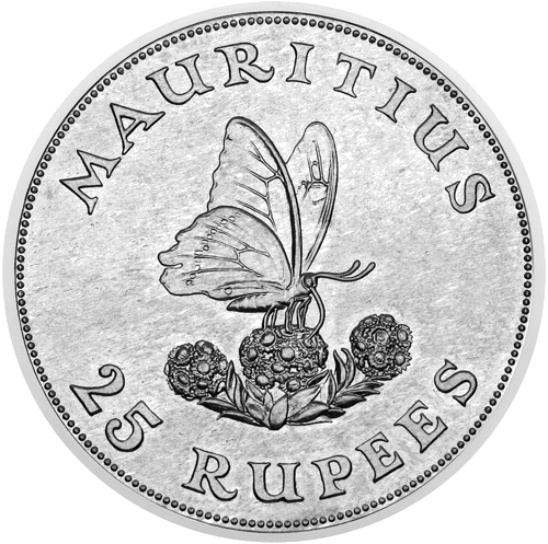 25 rupijas Zilais dzegužu tauriņš 1975 Maurīcija sudraba monēta (1)