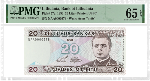 1993 Lithuania 20 Litas Banknote PMG 65 EPQ (1)