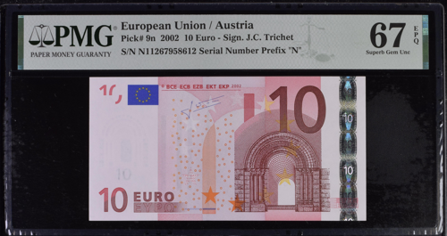 2002 10 eurų banknotas PMG GEM UNC 67 (2)