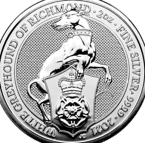 Сребърна монета с номинал 2 унции White Richmond Greyhound 2021 Queen's Beast (2)