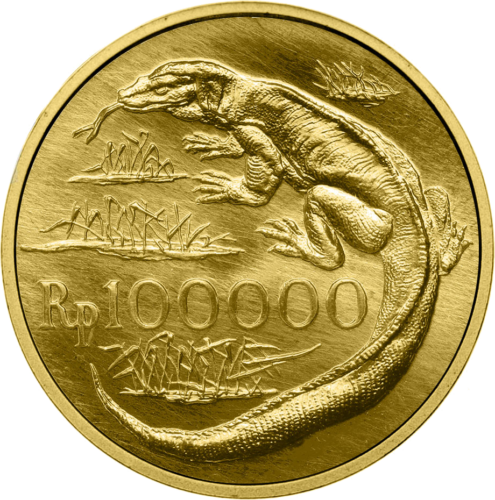 100 000 Rupijų Komodo drakonas 1974 Indonezija auksinė moneta (1)