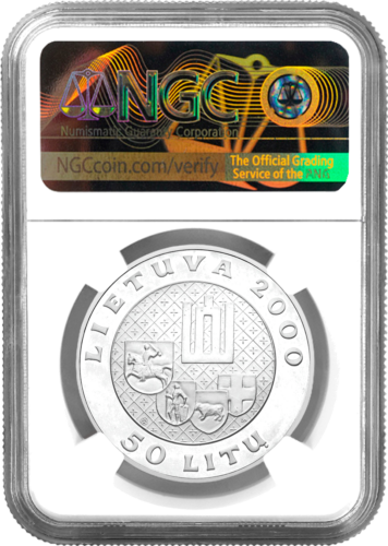 2000 Lietuva Vytautas Didysis 50 Litų sidabrinė moneta PF 68 ULTRA CAMEO (2)