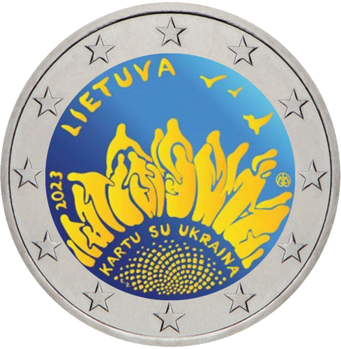 2023 Литва Заедно с Украйна 2-еврова монета (цветна) (1)