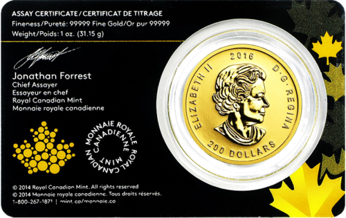 1 унция Златна монета „Мечка гризли“ за 2016 г., Канада, 9999 (4)