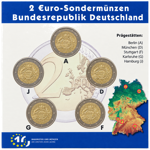 2012 Германия Десять лет евро TYE Набор монет 2 евро в памятной упаковке BU (2)
