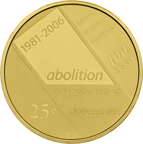 100 eurų Mirties bausmės panaikinimas 2006 Prancūzija auksinė moneta (2)