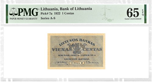 Lithuania 1922 1 Cent Banknote PMG UNC 65 (1)