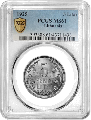 1925 Lietuva (Ziedošie lini) 5 litai sudraba monēta PCGS MS 61 (1)