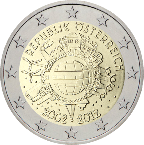 2012 Austrija Dešimt metų eurui (TYE) 2 eurų moneta (1)