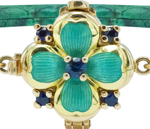 Кожена гривна с четирилистна детелина, инкрустирана със сапфири ROYAL CLOVER (2)