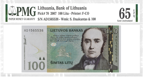 2007 Lietuva 100 litų banknotas PMG GEM UNC 65 (1)