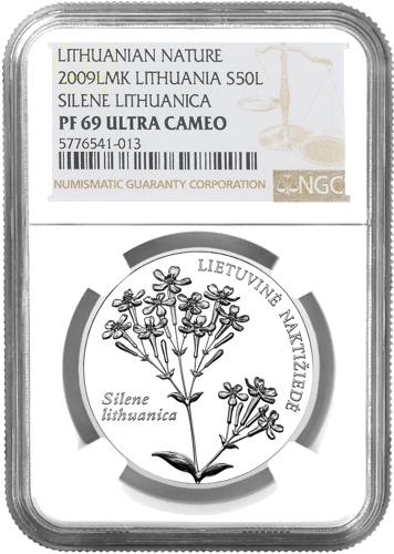 2009 Литва Смолёвка литовская 50 литов серебряная монета PF 69 ULTRA KAMEO (1)