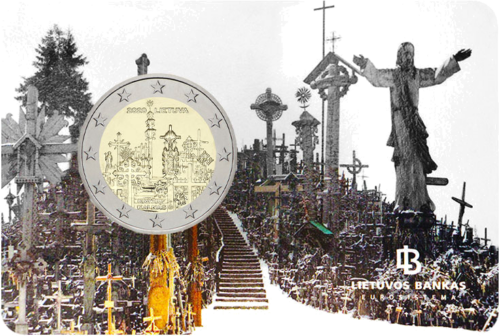 2020 Литва Хълмът на кръстовете - монета с номинал 2 евро върху карта (1)