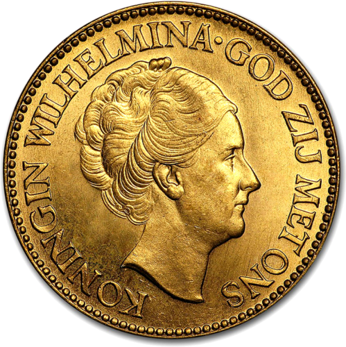 10 guldenų Vilhelmina (1925-1933) Nyderlandų karalystė auksinė moneta (1)