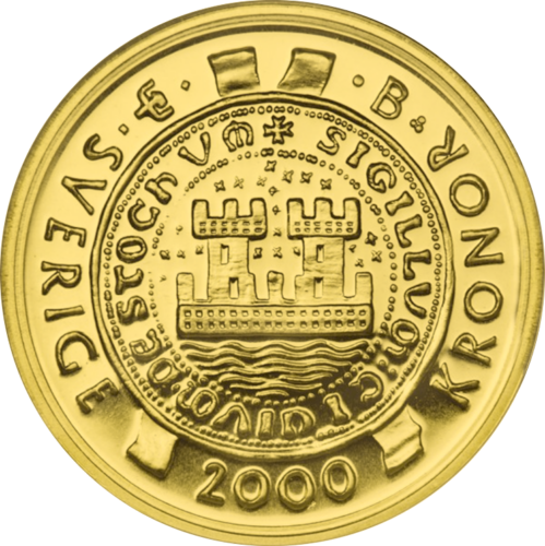 2000 kronų 750-osios Stokholmo metinės Švedija auksinė moneta (1)