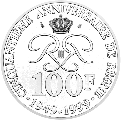 100 frankų Rainier III valdymo jubiliejus (1949 -1999) Monakas sidabrinė moneta (2)