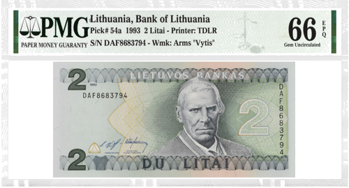 1993 Lietuva 2 litų banknotas PMG GEM UNC 66 (1)