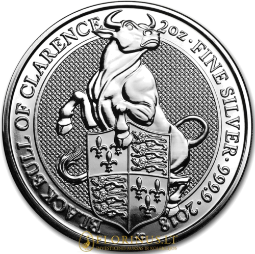 2018 Juodasis Jautis, Karalienės žvėrys, Didžioji Britanija 2 oz sidabrinė moneta (1)