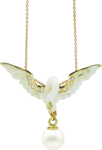 A sculptural swan necklace with Limoges enamel, diamonds, and a pearl (1)