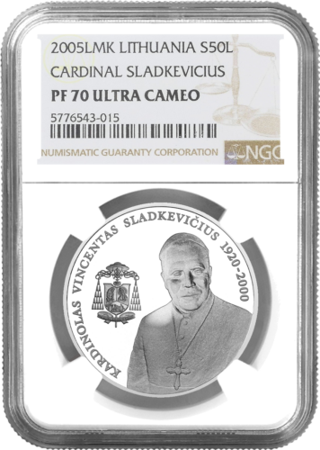 2005 Kardinolas V. Sladkevičius 50 litų sidabrinė moneta PF 70 ULTRA CAMEO (1)